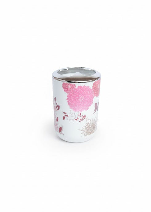 Set accesorii baie alb "Floral Harmony", SANITARY – 6 piese, cu imprimeu floral roz