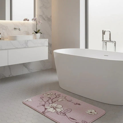 Covoraș baie absorbant, imitație cașmir, strat antiderapant, 40×60 cm, model floral Sakura