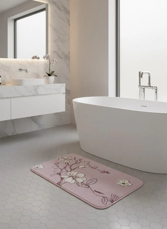 Covoraș baie absorbant, imitație cașmir, strat antiderapant, 40×60 cm, model floral Sakura