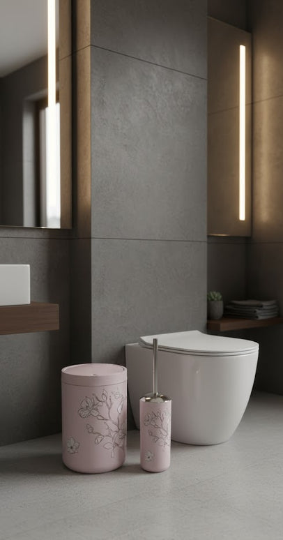 Set accesorii baie roz pastel cu flori, SANITARY – 6 piese, design floral elegant