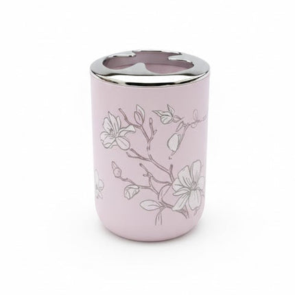 Set accesorii baie roz pastel cu flori, SANITARY – 6 piese, design floral elegant
