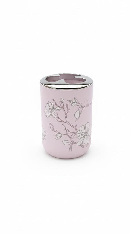 Set accesorii baie roz pastel cu flori, SANITARY – 6 piese, design floral elegant