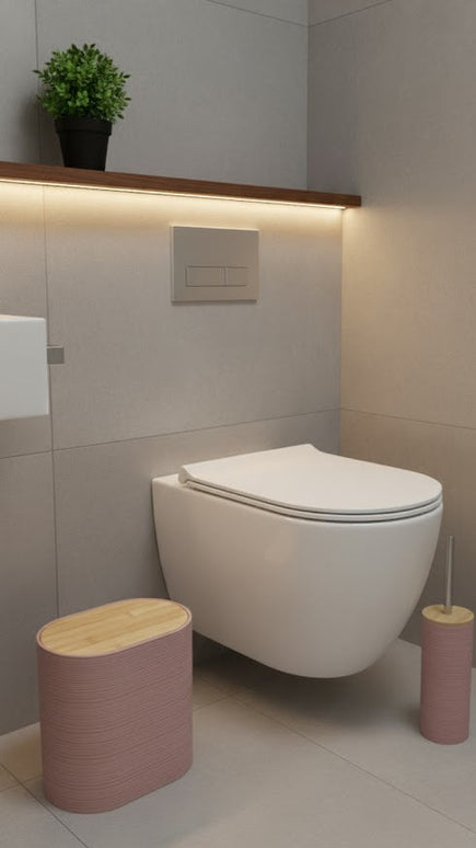 Set accesorii baie, cu accente lemnoase, SANITARY, 8 piese, roz cu detalii bej