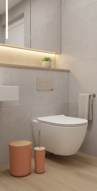 Set accesorii baie, cu accente lemnoase, SANITARY, 6 piese, somon cu detalii bej