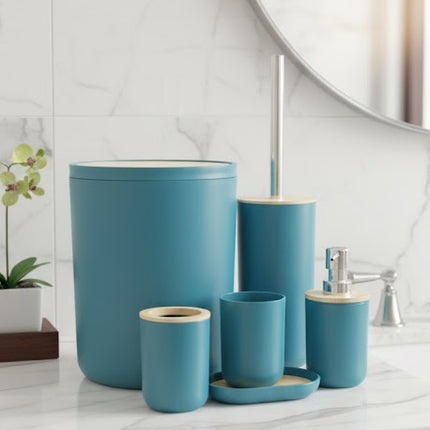 Set accesorii baie, cu accente lemnoase, SANITARY, 6 piese, turcoaz cu detalii bej deschis