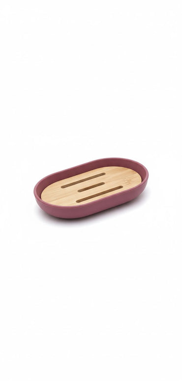 Set accesorii baie, cu accente lemnoase, SANITARY, 6 piese, visiniu inchis cu detalii bej