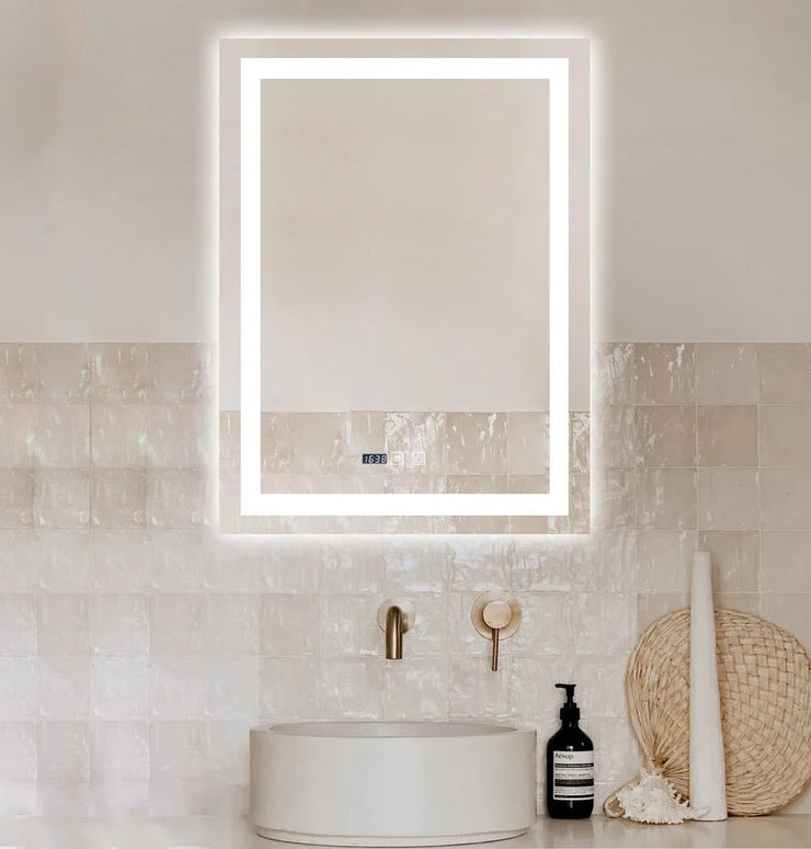 Oglinda LED Dreptunghiulara cu Ceas 90x60cm ,Trei Lumini J109 www.olivy.ro