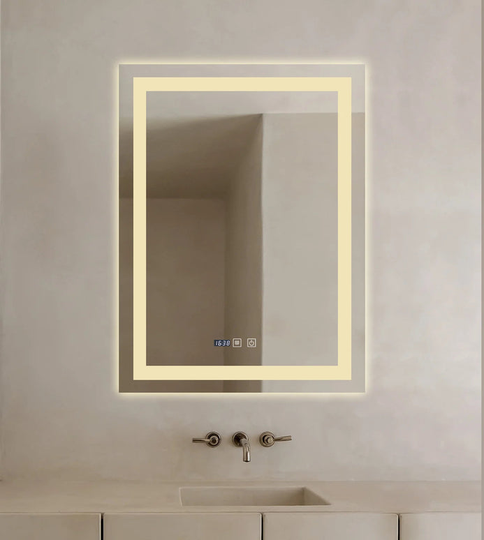 Oglinda LED Dreptunghiulara cu Ceas 90x60cm ,Trei Lumini J109 www.olivy.ro