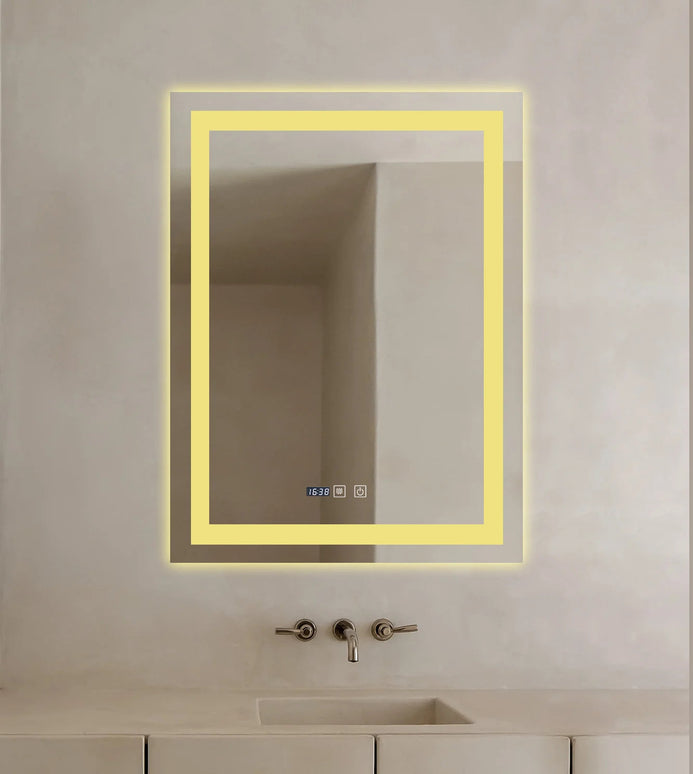 Oglinda LED Dreptunghiulara cu Ceas 90x60cm ,Trei Lumini J109 www.olivy.ro