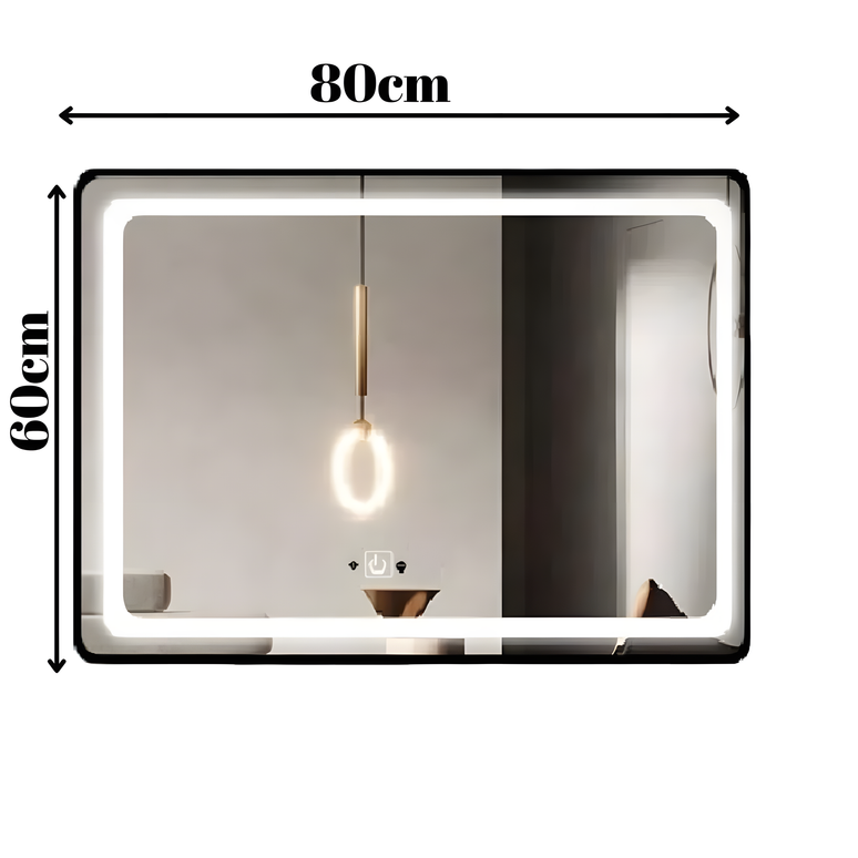 Oglinda LED Si Touch 80 X 60 Cm Cu Ceas Rama Negru Mat J130 www.olivy.ro