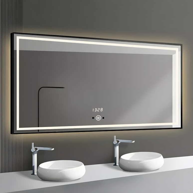 Oglinda LED Si Touch 80 X 60 Cm Cu Ceas Rama Negru Mat J130 www.olivy.ro