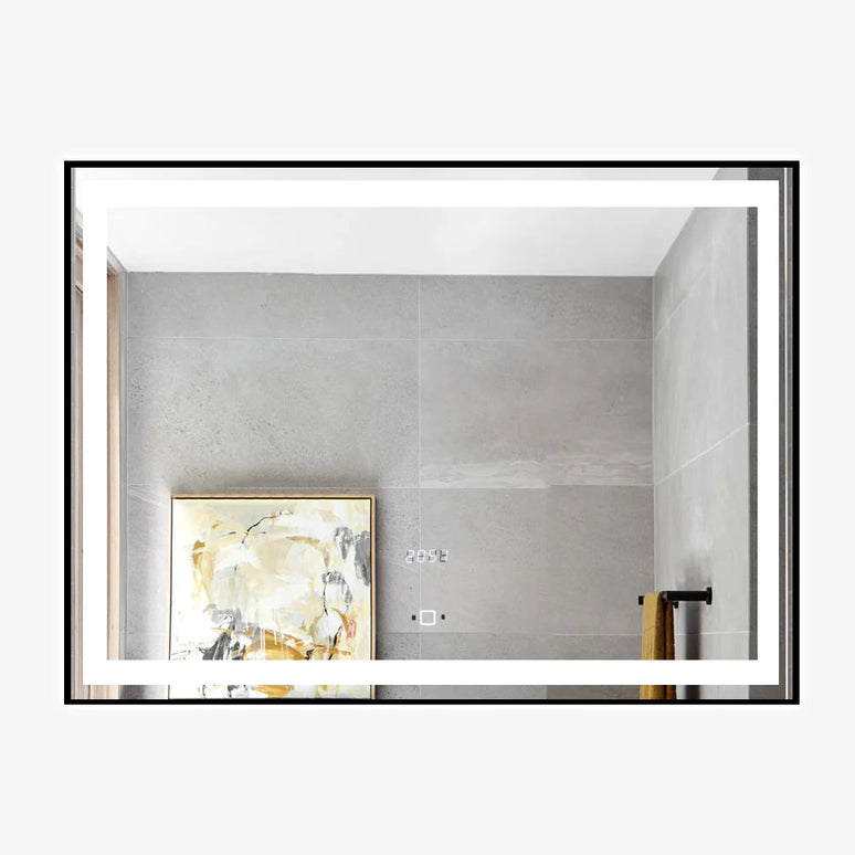 Oglinda LED Si Touch 80 X 60 Cm Cu Ceas Rama Negru Mat J130 www.olivy.ro