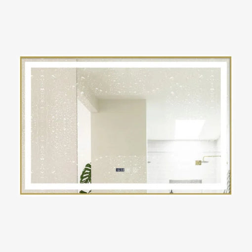 Oglindă Baie LED și Dezaburire Elit's Premium cu Senzor Touch, Lumina Rece, Caldă și Neutră, 120x80 cm, cu rama Bronz Gold Antichizat, Ceas J 147