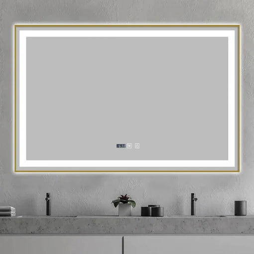 Oglindă Baie LED și Dezaburire Elit's Premium cu Senzor Touch, Lumina Rece, Caldă și Neutră, 120x80 cm, cu rama Bronz Gold Antichizat, Ceas J 147