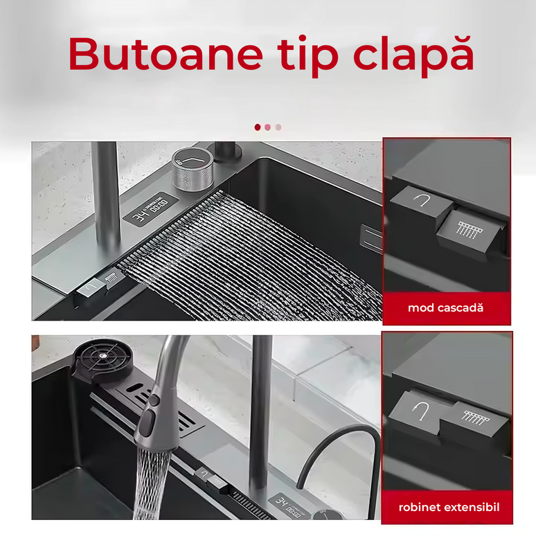 Chiuvetă Bucătărie Multifuncțională 7546HMSF – Gri Gun Metal, Cu Tocător, Dozator și Afișaj Digital www.olivy.ro