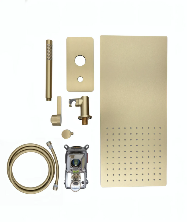 Set duș încastrat 2 funcții – finisaj auriu periat, design modern din alamă solidă