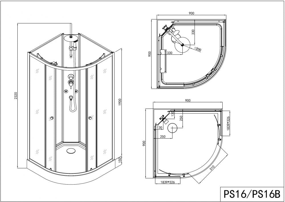 RELOAD - CABINA DE DUS COMPLETA, SEMIROTUNDA, FARA PLAFON, 90X90X232CM - PS16B