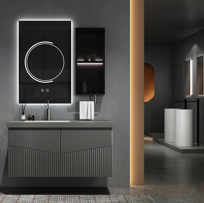 Set complet mobilier baie suspendat Kyoto cu lavoar și dulap cu oglindă LED – gri