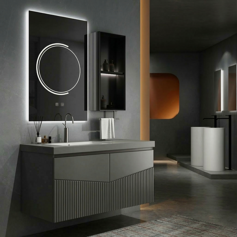 Set complet mobilier baie suspendat Kyoto cu lavoar și dulap cu oglindă LED – gri