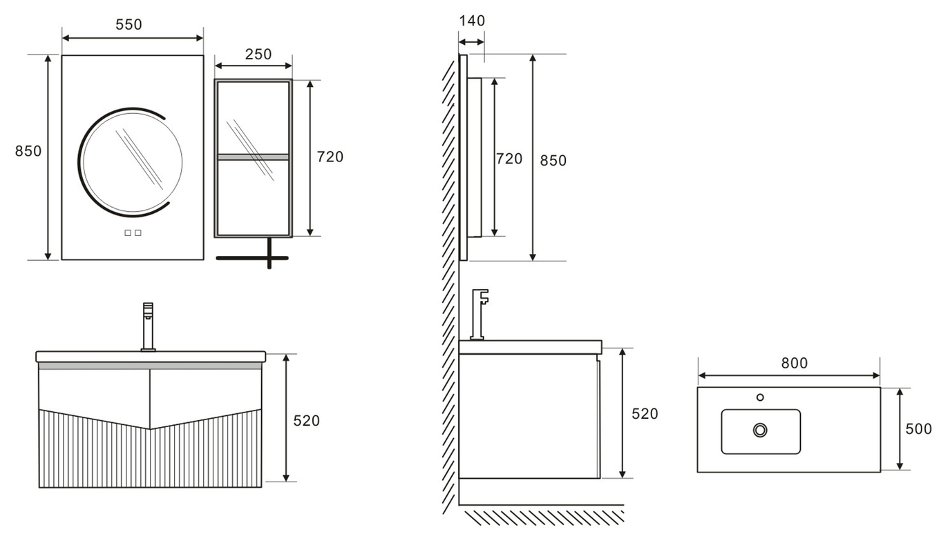 Set complet mobilier baie suspendat Kyoto cu lavoar și dulap cu oglindă LED – gri