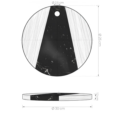 Tocător rotund din lemn de acacia și marmură neagră, Ø25 cm, Olivy