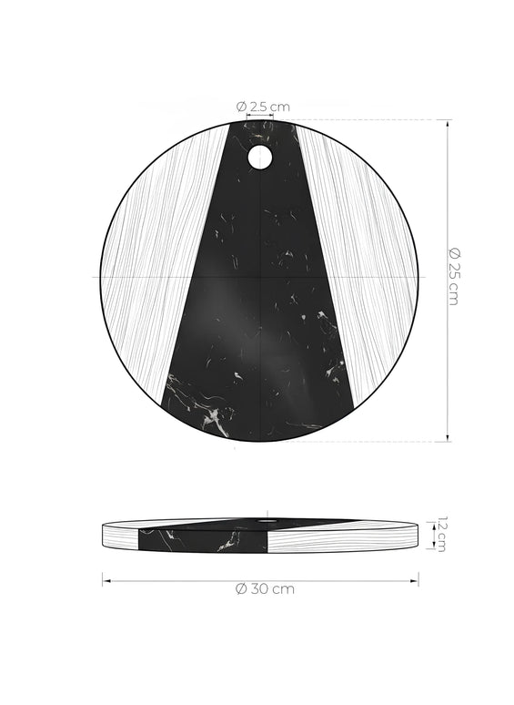 Tocător rotund din lemn de acacia și marmură neagră, Ø25 cm, Olivy