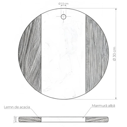 Tocător rotund din lemn de acacia și marmură albă, Ø30 cm, Olivy