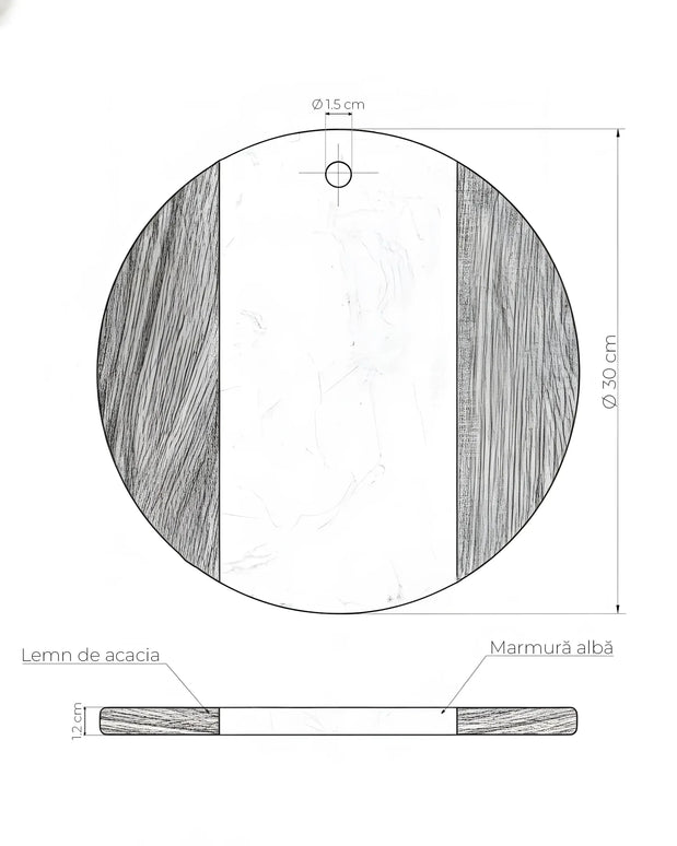 Tocător rotund din lemn de acacia și marmură albă, Ø30 cm, Olivy
