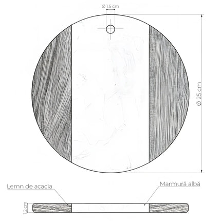 Tocător rotund din lemn de acacia și marmură albă, Ø25 cm, Olivy