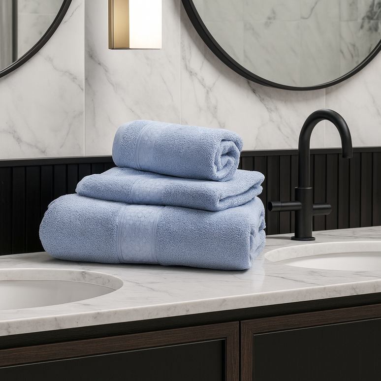 SET PROSOAPE BAIE din bumbac 100%, GRI RECE (cu tentă de albastru), 3 piese, moale și absorbant