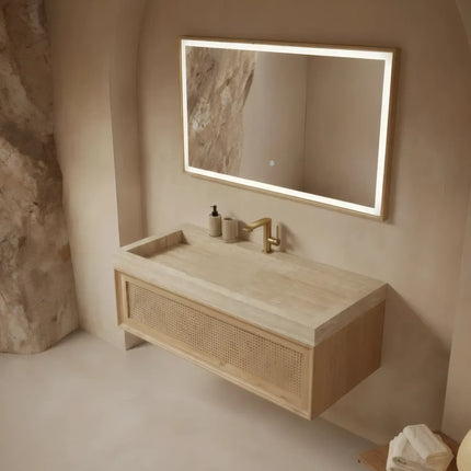 Set mobilier baie suspendat 120 cm, cu dulap din lemn, lavoar rock slab și oglindă LED cu ramă pentru baie modernă