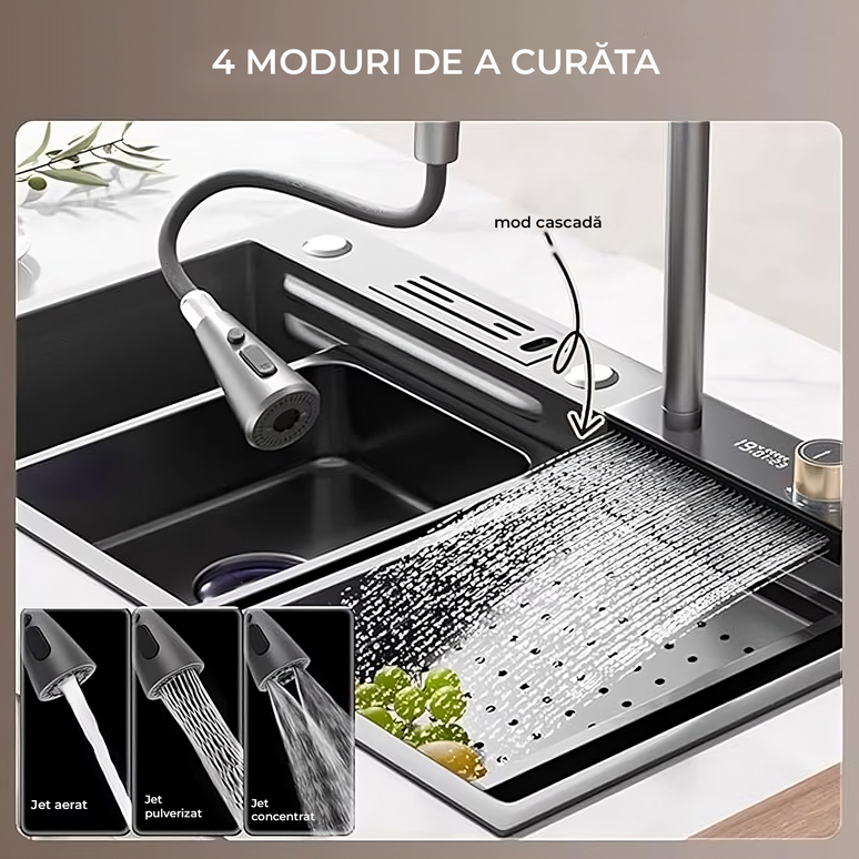 Chiuvetă Bucătărie Multifuncțională 7546HMSF – Gri Gun Metal, Cu Tocător, Dozator și Afișaj Digital www.olivy.ro