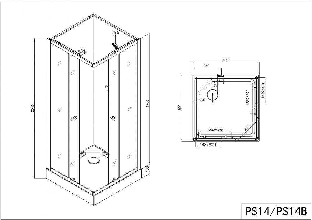 UNI 1 - CABINA DE DUS COMPLETA, SIMPLA, FARA PLAFON, 80X80X205CM - PS14B