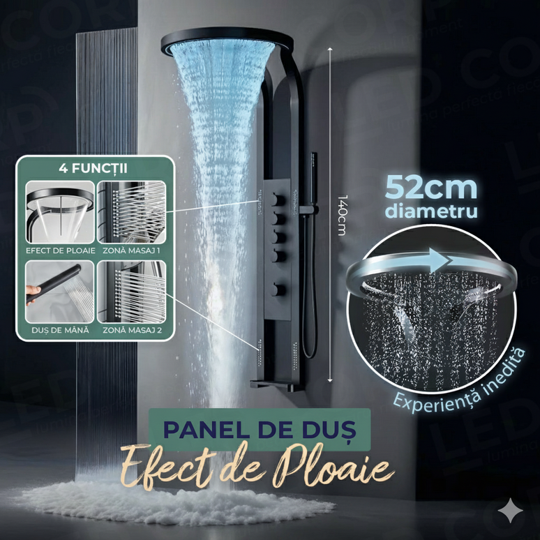 Panel de Duș Black Round LED – Design Modern cu Duș Tip Cascadă și Funcții Premium