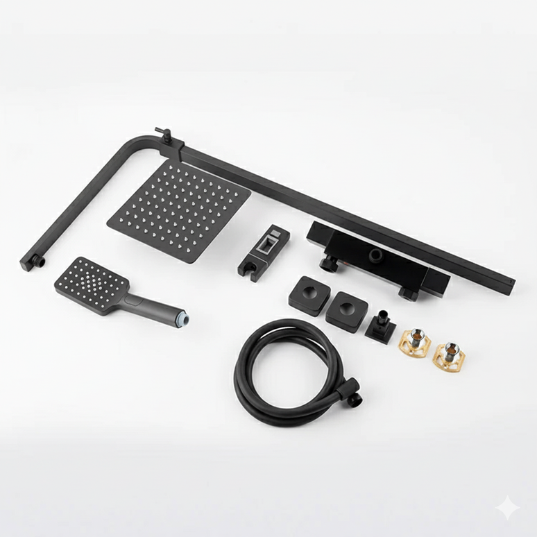 Set duș termostatic pătrat H-cubic – inox premium, finisaj negru mat