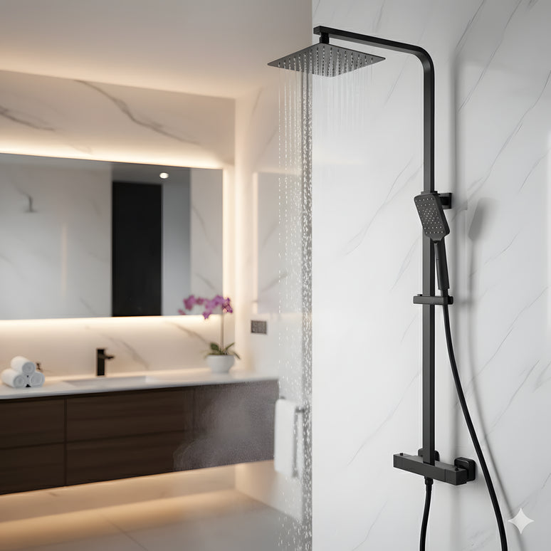 Set duș termostatic pătrat H-cubic – inox premium, finisaj negru mat