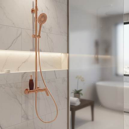 Set duș din alamă cu cioc de cadă integrat – Design premium rose gold