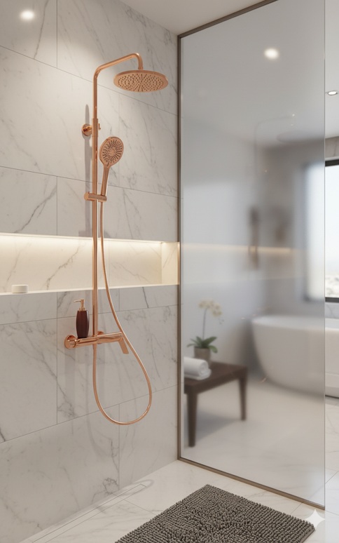 Set duș din alamă cu cioc de cadă integrat – Design premium rose gold
