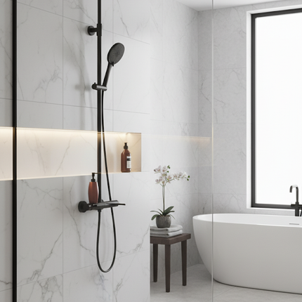 Set duș din alamă cu cioc de cadă integrat – Design premium negru mat