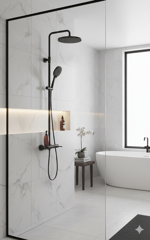 Set duș din alamă cu cioc de cadă integrat – Design premium negru mat