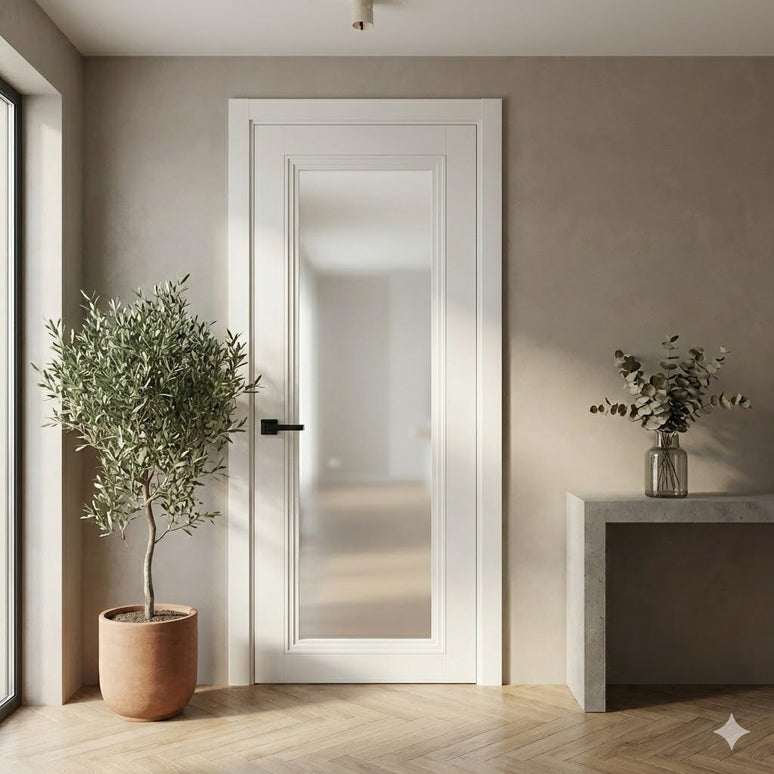 Ușă de interior T-13 cu sticlă sablată, design clasic-modern