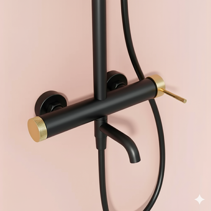 Set duș Royal Black & Gold – design modern cu cioc de cadă și comenzi texturate