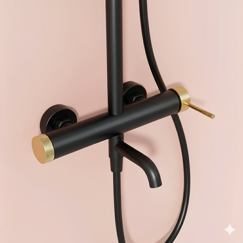Set duș Royal Black & Gold – design modern cu cioc de cadă și comenzi texturate