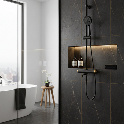 Set duș Royal Black & Gold – design modern cu cioc de cadă și comenzi texturate