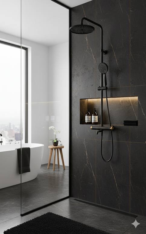 Set duș Royal Black & Gold – design modern cu cioc de cadă și comenzi texturate