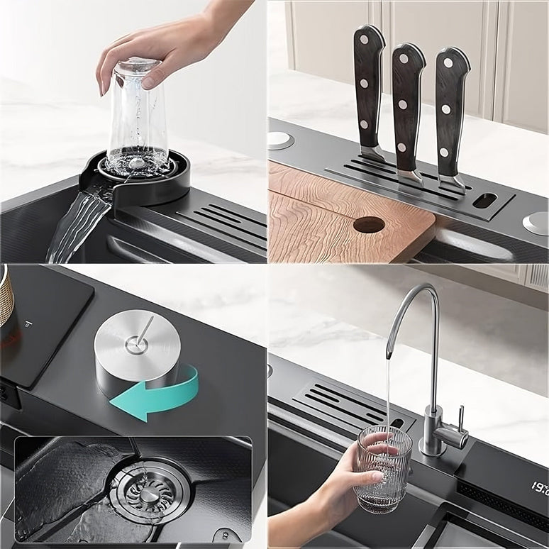 Chiuvetă Bucătărie Multifuncțională 7546HMSF – Gri Gun Metal, Cu Tocător, Dozator și Afișaj Digital www.olivy.ro