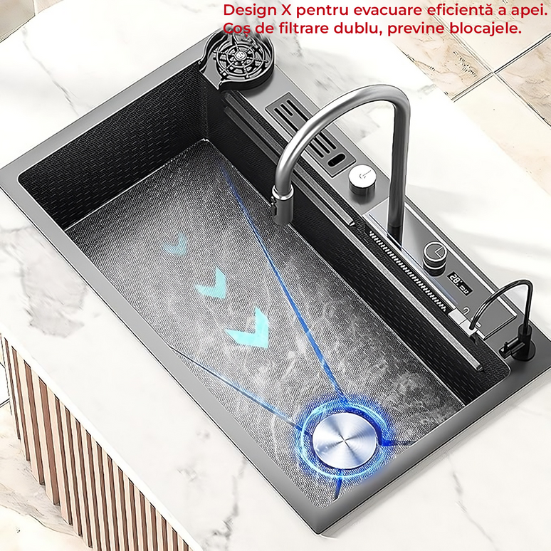Chiuvetă Bucătărie Multifuncțională 7546HMSF – Gri Gun Metal, Cu Tocător, Dozator și Afișaj Digital www.olivy.ro