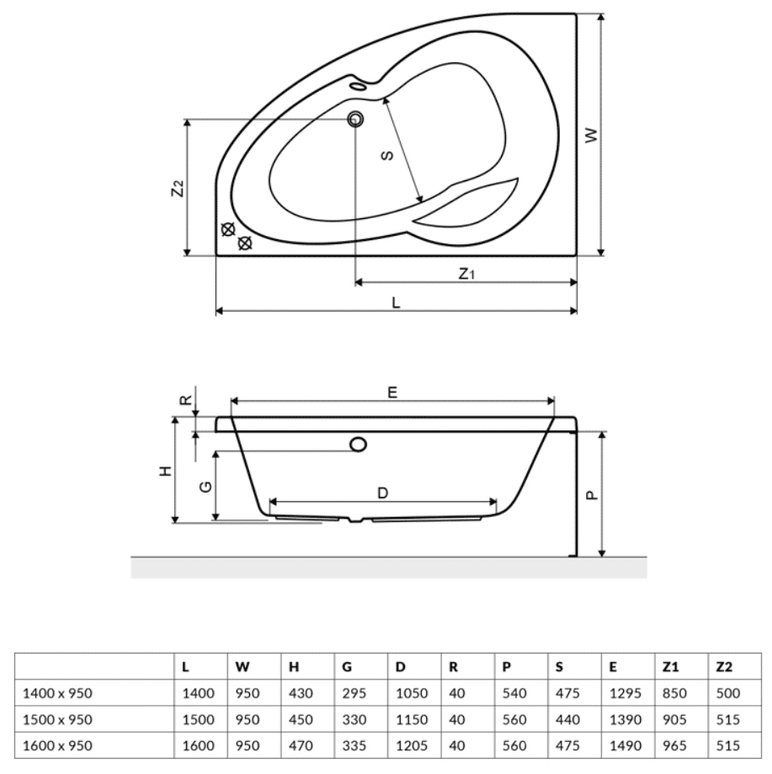 Cada baie pentru colt Roda 140×95