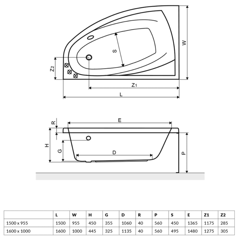 Cada baie pentru colt Rineia, 150×95 cm colt dreapta