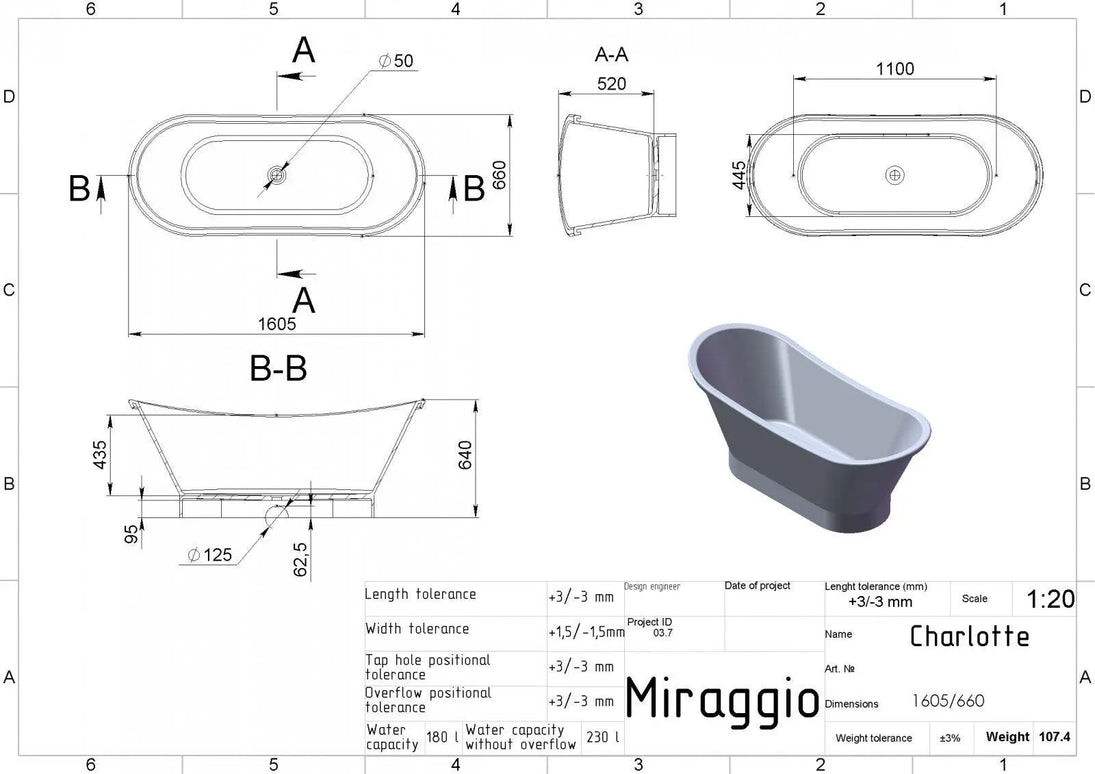 Cadă din compozit albă lucioasă Charlotte Miraggio